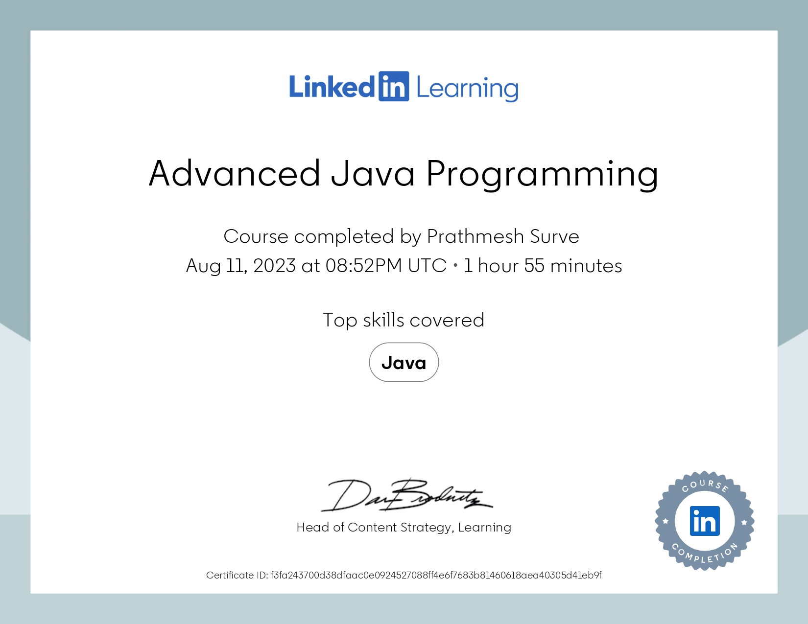 Advanced Java Programming Certificate by LinkedIn
